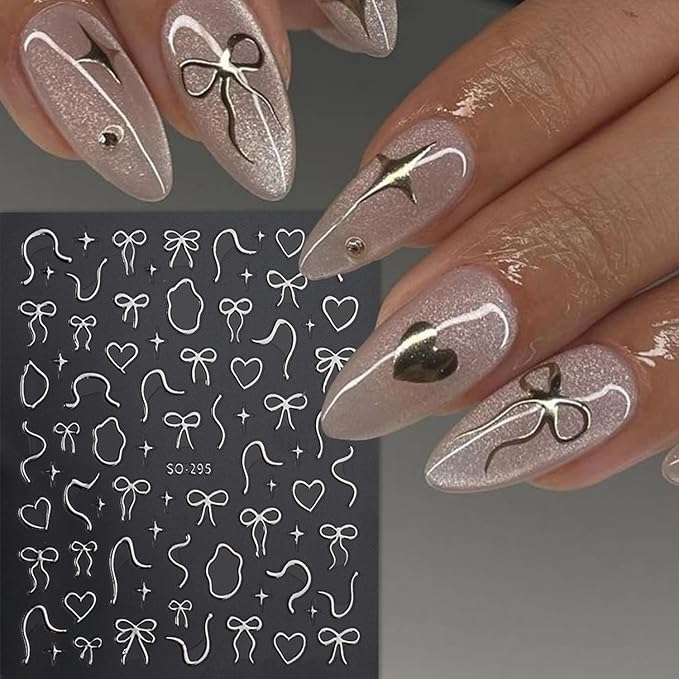 4Sheets Gold Silver Bows Nail Art Stickers 3D Cute Red Bows Heart Nail Decals for Acrylic Nails Self-Adhesive Irregular Lines Designs Nail Stickers Love Star Nail Decal for Women DIY Manicure Decor