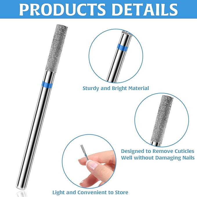 8Pcs Cuticle Clean Drill Bit Set, Diamond Columnar Cuticle Clean Nail Drill Bit Professional Cuticle Clean Nail Drill Bit Sets Remove Cuticle Dead Skin for Home DIY Nail Manicure Salon Supplies
