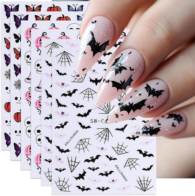 Halloween Nail Art Stickers Decals Skull Bat 3D Self-Adhesive Nail Decals Nail Art Supplies 6PCS Spider Web Butterfly Pumpkin Halloween Nails Design Manicure Sliders for Women DIY Nail Decorations