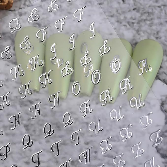 12 Sheets Letter Nail Stickers for Nail Art 3D Self Adhesive White Black Silver Gold Nail Art Stickers English Nail Decals Letter Decoration Accessories for Women Girls DIY Acrylic Nails