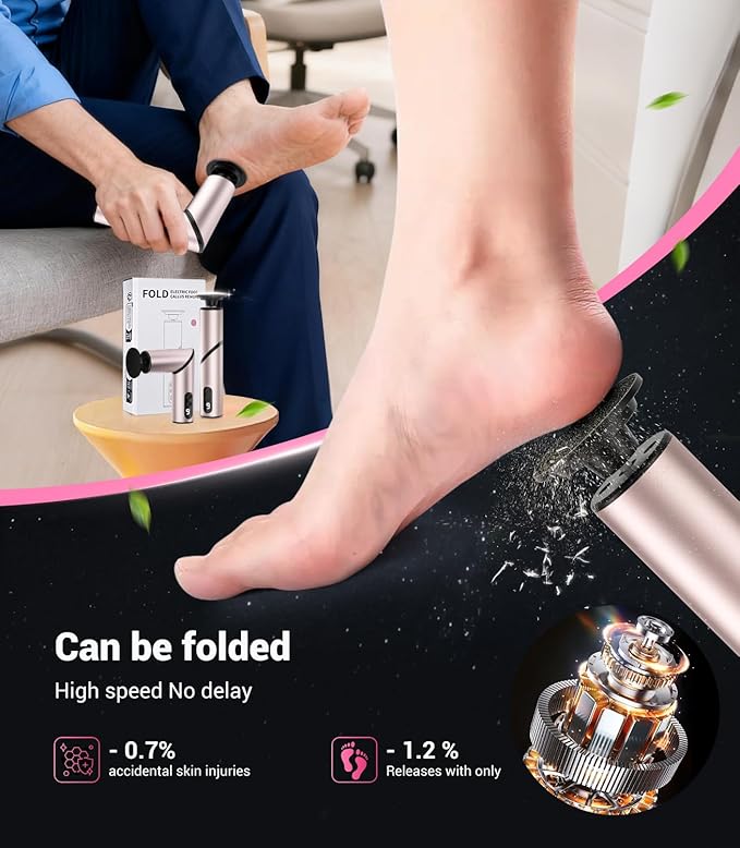 5-in-1 Professional Electric Foot Callus Remover(Portable & Foldable), Removes 99.92% of Calluses in 3 Mins, Rechargeable Foot File Pedicure Kits with 10 & 40 Grit Pads for Smooth Feet, Pink