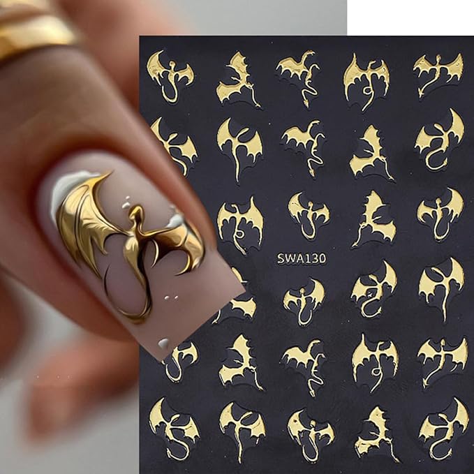 6Pcs Halloween Nail Art Stickers 3D Holographic Flying Dragon Nail Decals Self Adhesive Horror Bat Nail Stickers Laser Gold Silver Bat Dragon Design Halloween Nail Supplies for Women Holiday Manicure