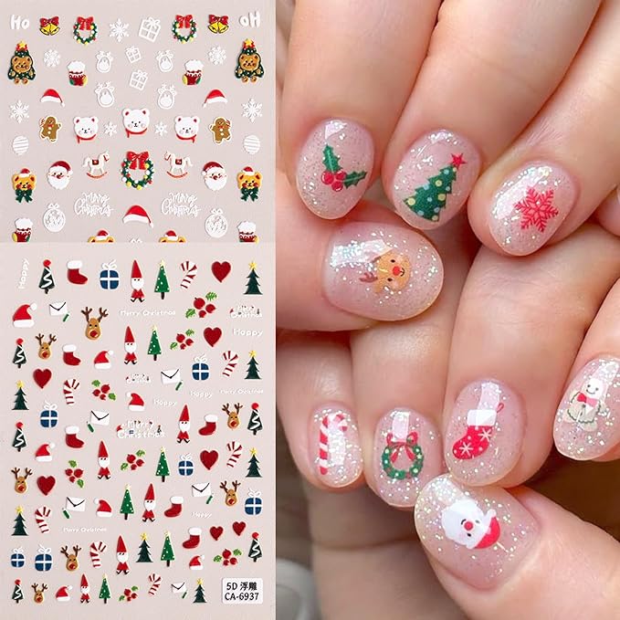 6Sheets Cute Christmas Nail Art Stickers 5D Embossed Cute Santa Claus Elk Designs Nail Decals Self-Adhesive Snowman Snowflake Nail Sticker Xmas Tree Gingerbread Man Nail Decal for Women Nails Decor
