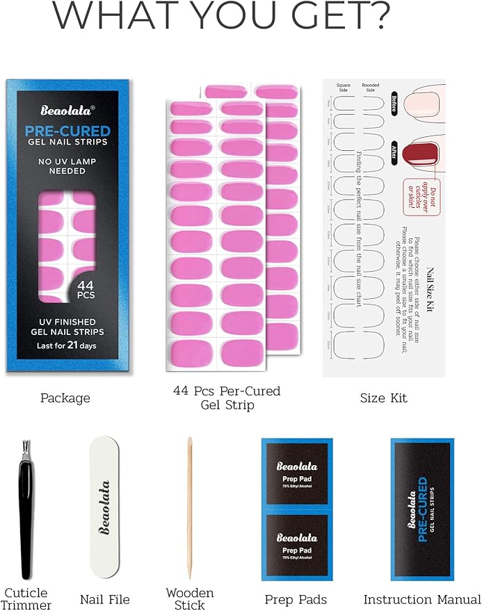Pre Cured Gel Nail Strips - 44PCS Salon Quality Gel Nail Stickers - Long Lasting Polish Wraps for Women no UV Light Needed Easy Apply& Remove (Mermaid Pink)