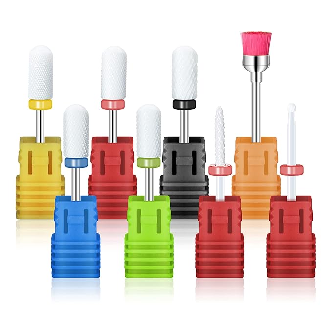 8 Pcs Ceramic Nail Drill Bits Set with Holder for Electric Nail File Manicure Pedicure Acrylic Gel Polishing - 5 Sizes 3/32'' (2.35mm) Barrel Ball Top, Flame Top, Cuticle Bits, Cleaning Brush