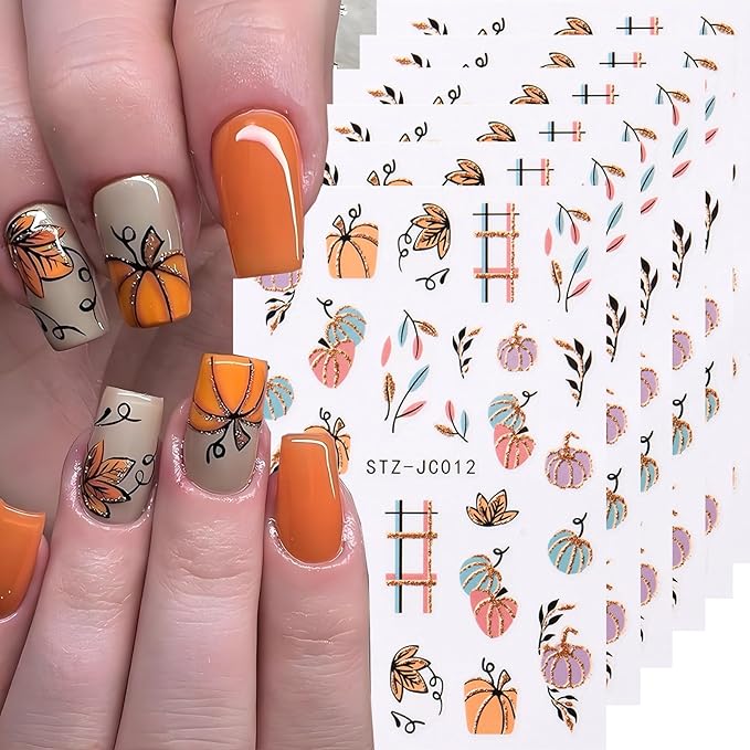 6Pcs Fall Nail Stickers for Nails Art Cute Pumpkin Nail Decals Maple Leaf Nail Art Stickers 3D Self-Adhesive Autumn Leaf Nails Supplies Thanksgiving Manicure Sliders for Women Nails Art Decorations