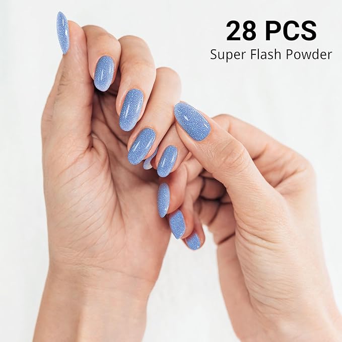 Semi Cured Gel Nail Strips, Blue Fine Flash | 28pcs Work With Any UV Lamp, Stickers for Women Girls, Includes Prep Pads, File & Wood Stick