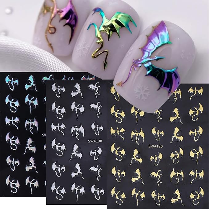 Halloween Nail Stickers 3D Metallic Dragon Nail Art Stickers 6PCS Laser Silver Gold Bronzing Fly Devil Bat Halloween Theme Design Self-Adhesive Nail Decals Accessories for Holiday Nail Art Decorations