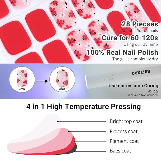 Semi Cured Gel Nail Strips, Red | 28 pcs Gel Nail Strips Work with Any UV Lamp, Salon Quality UV Nails Stickers, Easy to Apply for Home Nails DIY