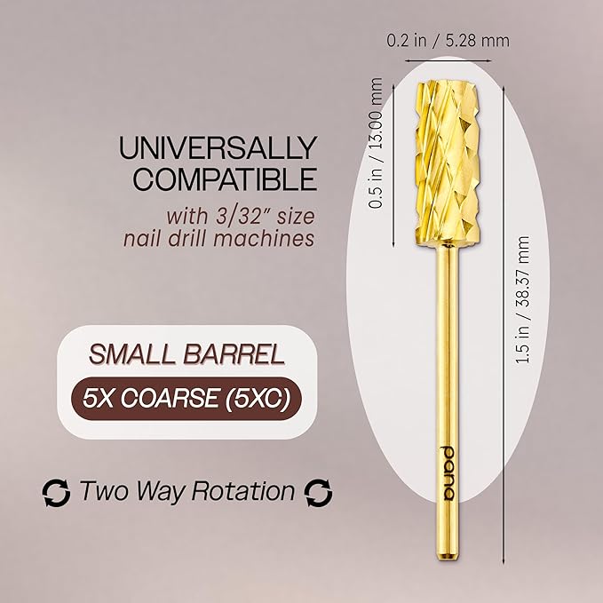 USA PANA Professional 3/32" Shank Size - Flat Top Small Barrel Carbide Bit - 5X Coarse Grit to Extra Fine Grit - Gold, Silver, DLC Black - Nail Drill Bit for Dremel Machine (5X Coarse, Gold)