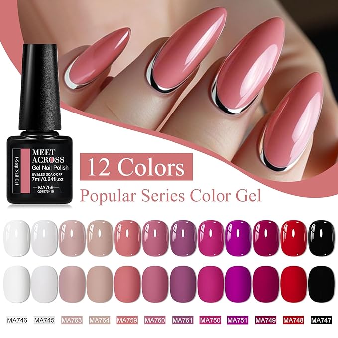 MEET ACROSS One Step Gel Nail Polish Set 12 Colors Nude Purple Red Black White Gel Polish Set Soak Off LED Starter Kit Nail Art DIY Manicure Gifts