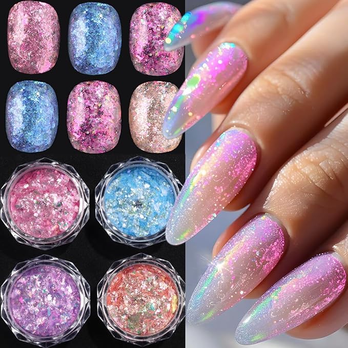 4 Jars Mermaid Flake Nail Glitter Sequins, Holographic Opal Powder, Iridescent Ice Crystal Mermaid Nail Art Pigment Sparkly Glitter for DIY Manicure Decorations