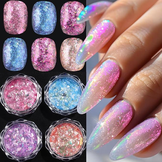 4 Jars Mermaid Flake Nail Glitter Sequins, Holographic Opal Powder, Iridescent Ice Crystal Mermaid Nail Art Pigment Sparkly Glitter for DIY Manicure Decorations