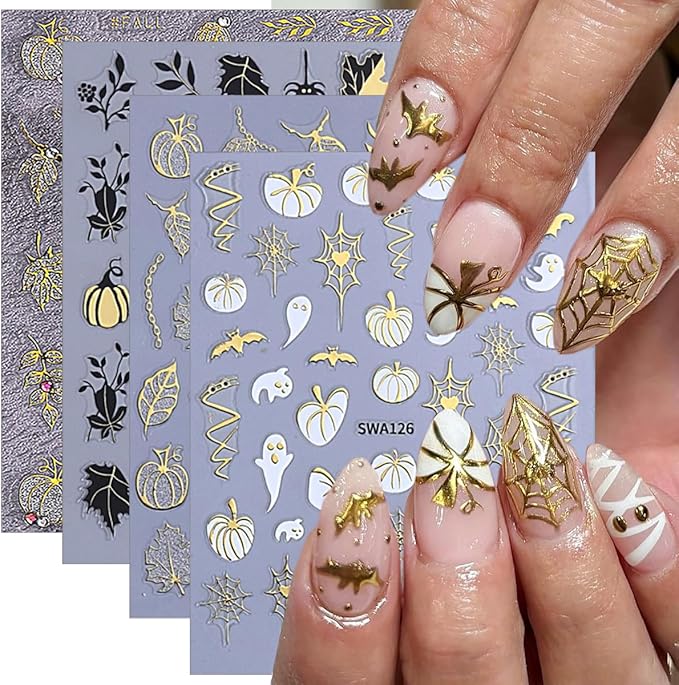 4 Sheets Halloween Nail Art Stickers Decals Fall Nail Decals Gold 3D Self-Adhesive Ghost Bat Spider Web Pumpkin Nails Decor Autumn Maple Leaf Nails Designs Stickers for Women Party Manicure Supplies