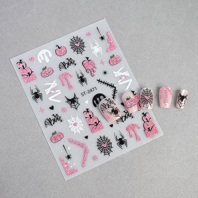6 Sheets Halloween Nails Stickers Cute Mummy Pumpkin Nails Art Stickers 3D Self-Adhesive Supplies Nail Decal with French Tip Glitter Spider Web Design Nail Sticker for Nail Art Women's DIY Decoration