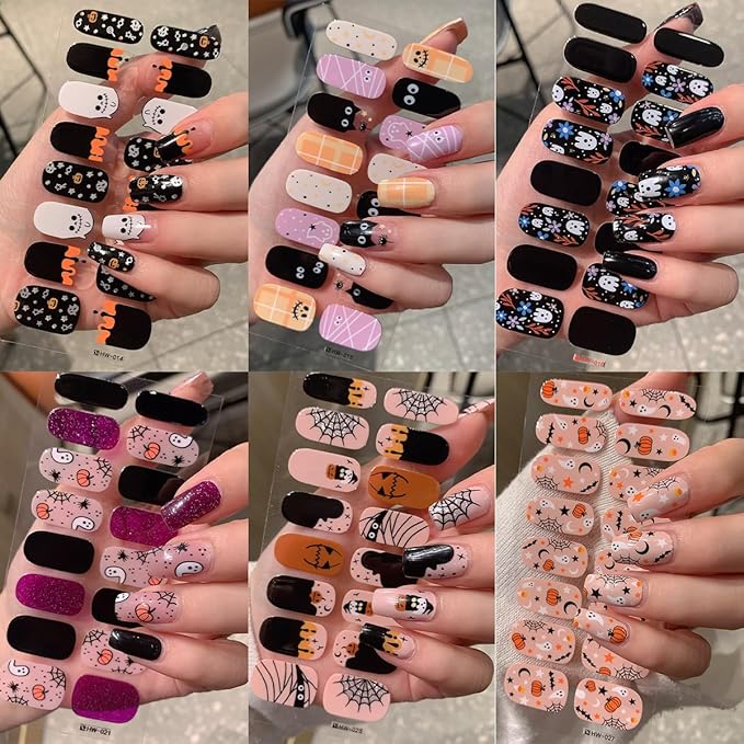 6 Sheets Halloween Nail Art Stickers Cute Cat Ghost Full Nail Wraps Stickers 3D Self-Adhesive Pumpkin Bat Spider Mummy Nails Polish Sticker Shiny Spider Web Gel Nails Strips Decals for Women
