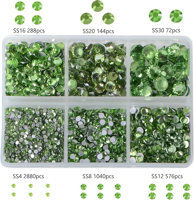 Bymitel 5000 Pieces 6 Mixed Sizes Glue Fix on Glass Rhinestones Round Crystal Gems Flatback for DIY Jewelry Making with one Picking Pen(6-Sizes 5000PCS, Peridot)