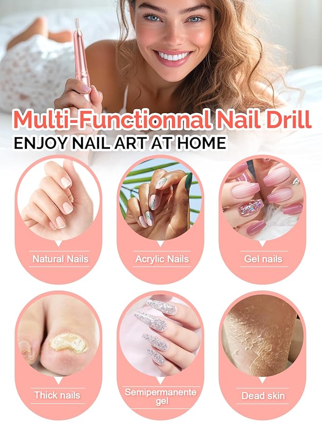Electric Nail Drill Machine, Professional Electric Nail File for Dip Powder Nail Filer, Efile Manicure and Pedicure Tools with Storage Nail Accessories Function for Grinding Polishing Trimming，Pink