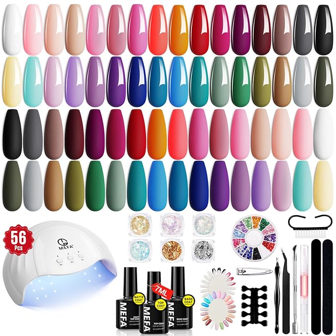MEFA 32 Colors Gel Nail Polish Kit with U V Light, 54 Pcs Nude Pink Popular Gel Nail Polish Starters Set Essential Manicure Tools Nails Art Decorations DIY Gifts