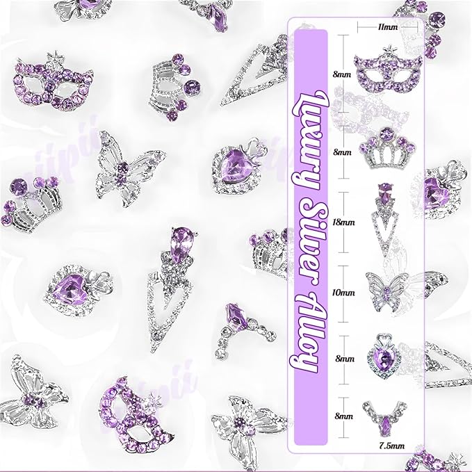 24pcs Purple Luxury Nail Charms Heart Rhinestones Charms 3D Big Crown Butterfly Nail Gems Crystals Diamonds Jewelry Stones Alloy Studs Supplies Decor for Arylic Nails Face Makeup DIY Crafts