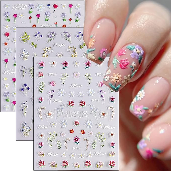 3Pcs Colorful Flower Nail Art Stickers 5D Self Adhesive Floral Nail Decals Embossed Daisy Nail Stickers Tulip Rose Nail Design Supplies Spring Summer Decoration Accessories for Women DIY Manicure