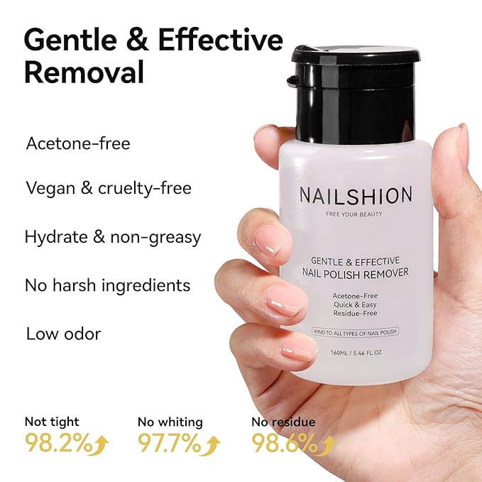 Nail Polish Remover Non-acetone, 5-10s Fast Remover for Regular Nail Polishes, Reusable Push-Down Pump Dispenser, No Toxic Gentle Removal, Rich in VE Non-Drying, 5.46 fl. oz