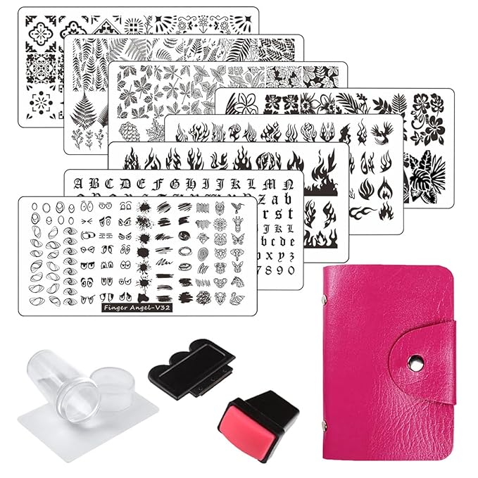 13pcs Stamping Nail Art Plates Set with 2 Stamper, 2 Scraper, Storage Bag - Leaves, Flowers, Animal Nail Plate Templates