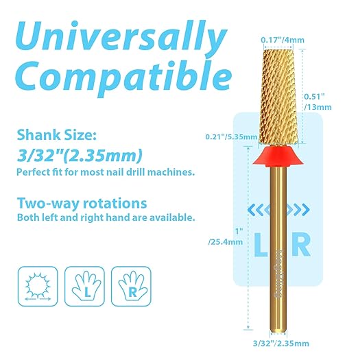 Tungsten Carbide Cross Cut Small Tapered Barrel Nail Drill Bits, Professional 3/32'' Safety Bits, Both Hands Use, Remove Gel Fast, Manicure Pedicure Cuticle Gel Polishing, Fine.