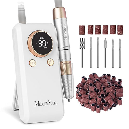 MelodySusie 2 in 1 Professional Nail Drill, 30000 RPM SC330G Electric Nail File with Kickstand for Gel Nails Polishing Removing, Portable Cordless Nail Efile for Manicure Pedicure at Home & Salon,Gold