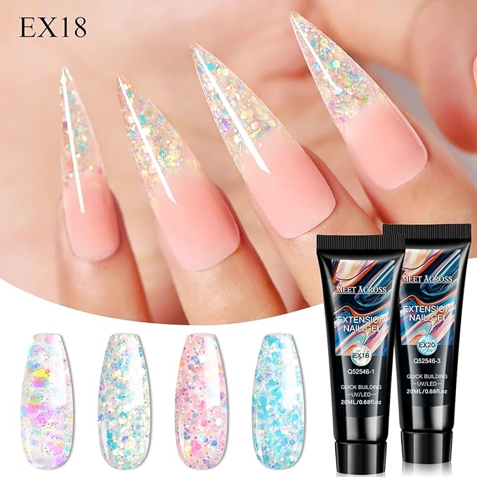 MEET ACROSS Poly Nail Gel 10Pcs Nail Extension Gel Set and Nail Extension Starter Kit for Beginners Nail Art DIY Home Gifts for Women (Candy Glitter, 12pcs)