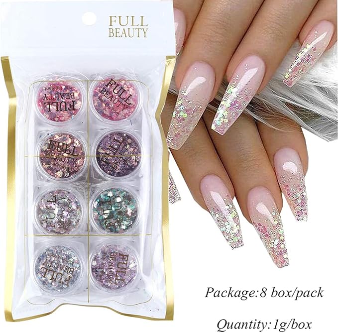 Holographic Nail Glitter Flakes Nails Supply Mermaid Powder Nail Art Decorations Shiny 3D Nail Sequins DIY Manicure Charms Design Acrylic Nails Supplies Glitter Nail Art Set (8 Boxes)