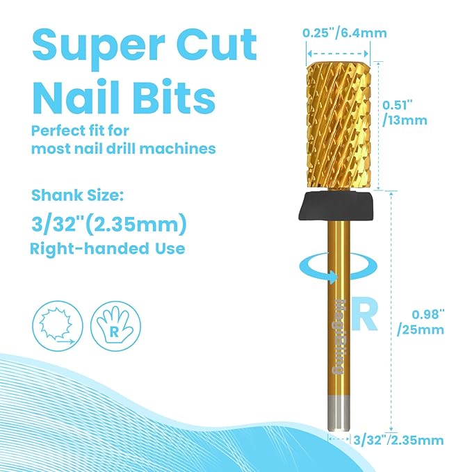 Super Cut Large Barrel Nail Drill Bits, 3/32'' Professional Tungsten Carbide Bits, Remove Hard and Soft Gel Fast, Right Hand Use, Manicure Pedicure Cuticle Gel Polishing, Gold Color, Extra Fine.