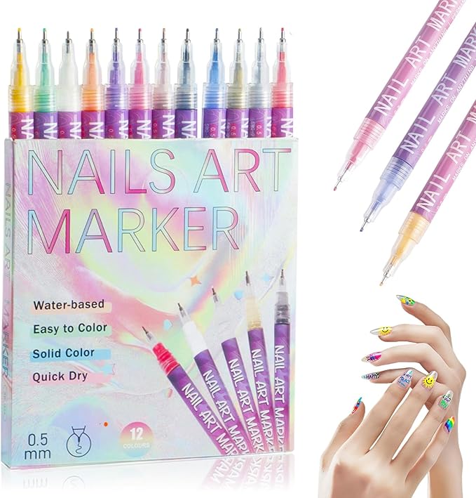 12 Colors Nail Art Pens Set, 3D Quick-Dry 0.5MM Nail Polish Pens, 2025 DIY Nail Art Marker Graffiti Dotting Pen for Nails Art Design Manicure Nail DIY Decoration (B)
