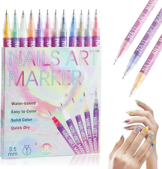 12 Colors Nail Art Pens Set, 3D Quick-Dry 0.5MM Nail Polish Pens, 2025 DIY Nail Art Marker Graffiti Dotting Pen for Nails Art Design Manicure Nail DIY Decoration (B)