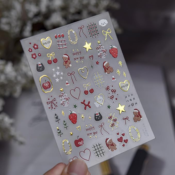 Christmas Nail Stickers 5D Embossed Xmas Nail Decals 1PCS Bear Bow Christmas Tree Star Love Heart Cartoon Self-Adhesive Design Holiday Nail Stickers Manicure Accessories for Women DIY Nail Art Decor