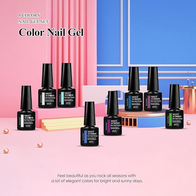 MEET ACROSS 1 Step Gel Polish Set Nail Art Manicure 3 in 1 Gel Kit Soak Off LED Gel Nail Varnishes No Need base gel top coat (Set-4, 8PCS)