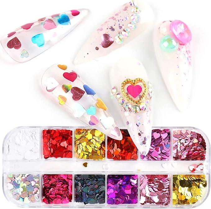 12 Colors Heart Holographic Nail Glitter Sequin Accessories Colorful 3D Heart Nail Flakes Powder UV Gel Polish Acrylic Design for Women Girls Manicure Tips False Nails Supplies Kit Decorations