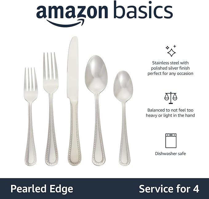 Amazon Basics Silverware Set, Stainless Steel Flatware, Dishwasher Safe - Image 2
