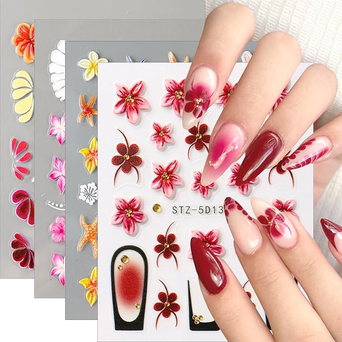 Cute Flowers Nail Art Stickers 5D Embossed Flower Nail Decals with Rhinestones Design Nail Stickers Self-Adhesive Colorful Floral Starfish Nail Decal French Sticker for Women Summer Hawaii Nails Decor
