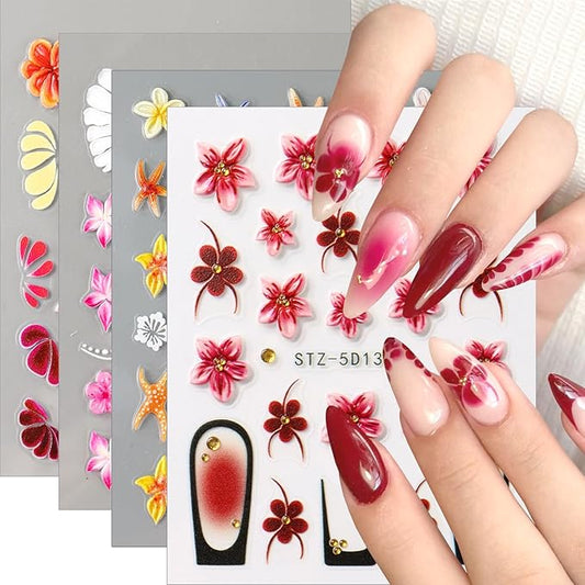 Cute Flowers Nail Art Stickers 5D Embossed Flower Nail Decals with Rhinestones Design Nail Stickers Self-Adhesive Colorful Floral Starfish Nail Decal French Sticker for Women Summer Hawaii Nails Decor