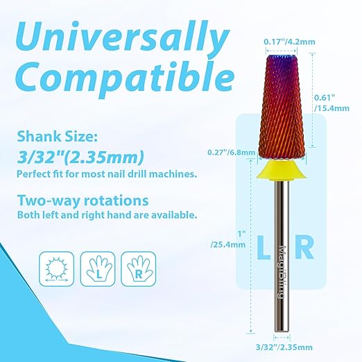 Professional Nail Drill Bits for New Artists, Cross Cut 3/32'' Safety Tungsten Carbide Tapered Bit, Remove Gel Fast, Left & Right Hand Use, Manicure Cuticle Soft Hard Gel Polishing, Extra Fine.