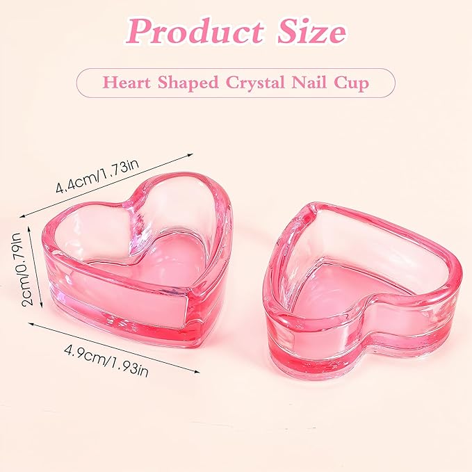 Ouligay Dappen Dish for Monomer, 2pcs Heart-Shaped Dampen Dish for Nails, Glass Monomer Dish, Crystal Monomer Cup for Acrylic Liquid, Nail Art Tools, Pink