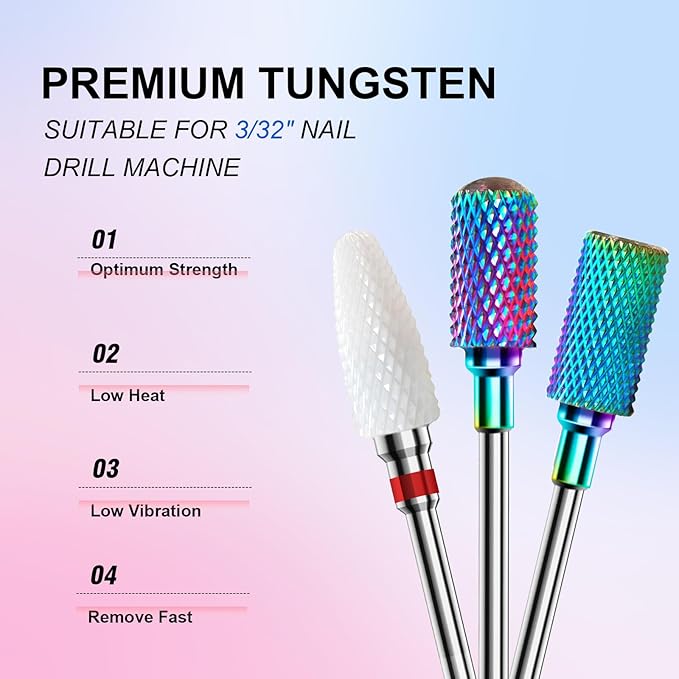 3/32'' Nail Drill Bits Set – 8pcs Tungsten Carbide & Ceramic and Diamond Bits for Acrylic, Gel & Cuticle Removal – Professional Electric Nail File Kit for Manicure, Pedicure – Home & Salon Use