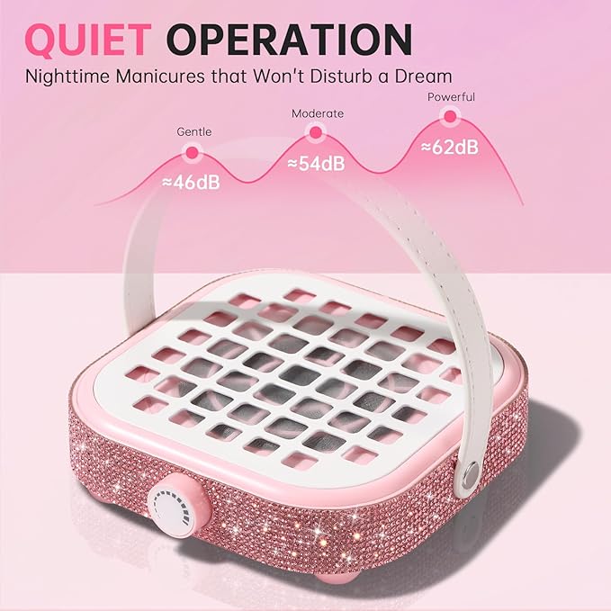 Nail Dust Collector, Bling Crystal Diamond Compact 6000RPM Powerful Vacuum Fan Vent Dust Collector Extractor Dust Suction Machine for Acrylic Nails Polishing, Fast Charging