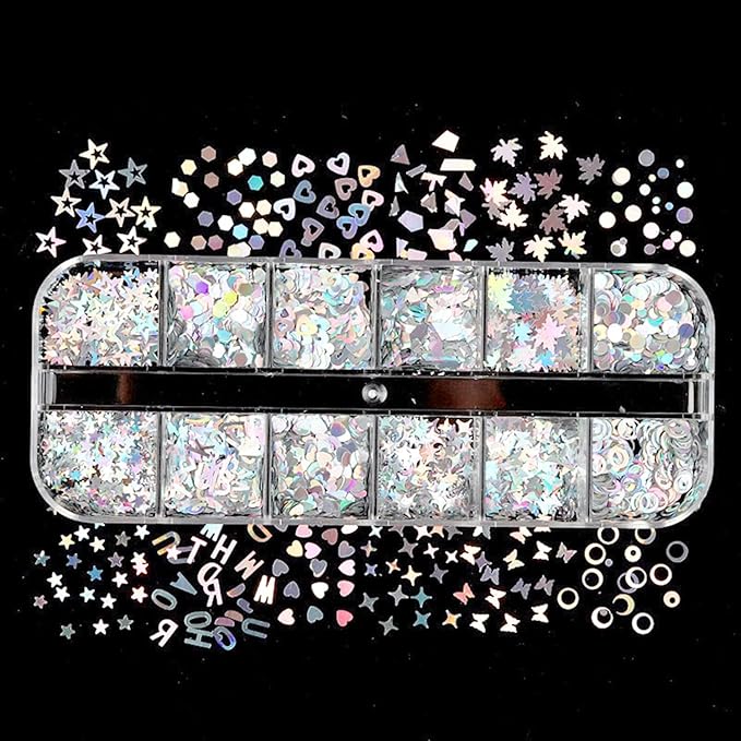 Vezocim Silver Glitter Nail Flakes Holographic 3D Glitters Sequins Decorations, Heart Circle Letters Butterfly Design Supplies DIY Sparkly Resin Nail Art Tips