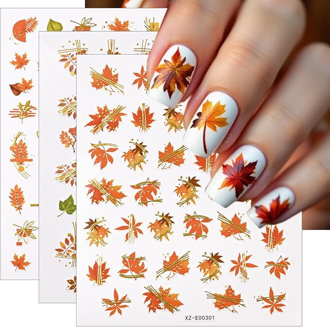 6 Sheets Gold Fall Nail Stickers Autumn Maple Leaf Nail Decals Cute Pumpkin Fox Ginkgo Fallen Leaves Nails Designs 3D Self-Adhesive Thanksgiving Nails Art Supplies for Women DIY Manicure Decorations