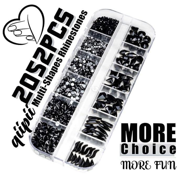 2052Pcs Black Nail Rhinestones Multi Shapes Jet Black Rhinestones for Nails Flatback Nail Gems K9 Glass Dark Black Round Beads Stones Diamonds Nail Charms Art for Nails Face Eyes Makeup Crafts