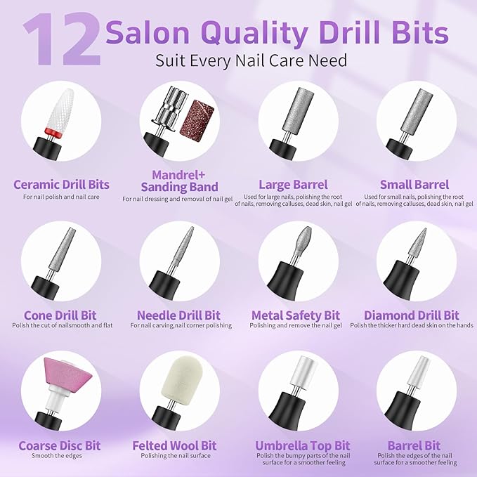 Cordless Nail Drill Electric Nail File with UV Lamp:Professional for Acrylic Gel Dip Powder Nails Portable Nail Kit Machine Tools for Women Girl Manicure Pedicure Set Rechargeable Lightweight