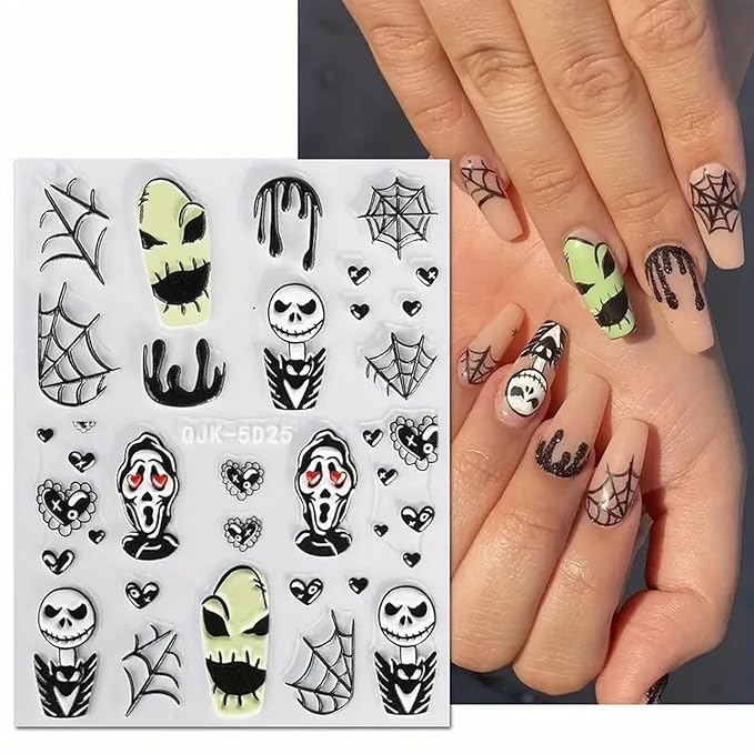 6 Pcs Halloween Nail Art Stickers Decals 5D Embossed Scary Ghost Nightmare Self-Adhesive Designs Nail Supplies Terror Scar Mask Spider Web Designs Halloween DIY Manicure Decorations for Women