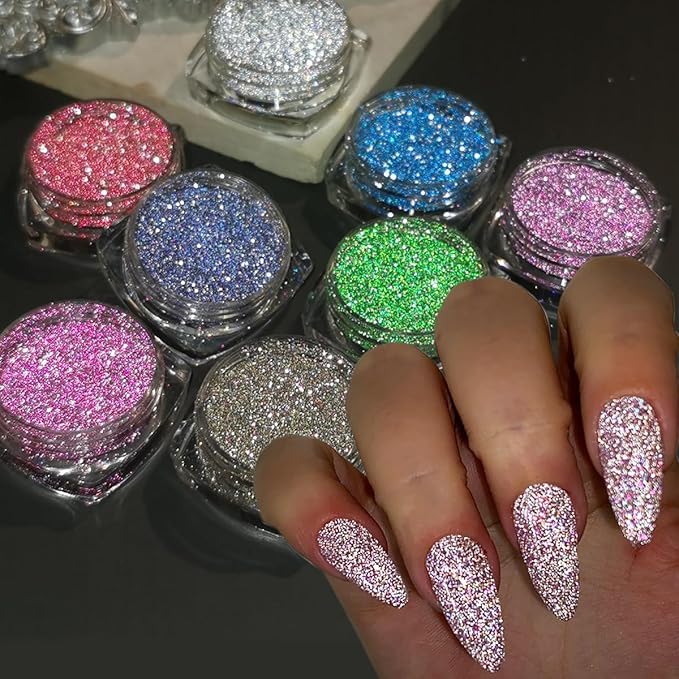 Reflective Glitter Powder Set, 8 Colors Sparkle Diamond Nail Glitter Dust, Silver Pink Purple Green Loose Glitter for Nails, Shiny Sugar Nail Powder Dipping Pigment, Nail Supplies